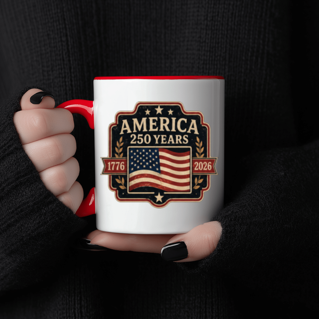 Vintage American 250th Anniversary 1776-2026 Patriotic Accent Mug- USA 1776-2026 Independence Day Gift for Men Women - close-up view